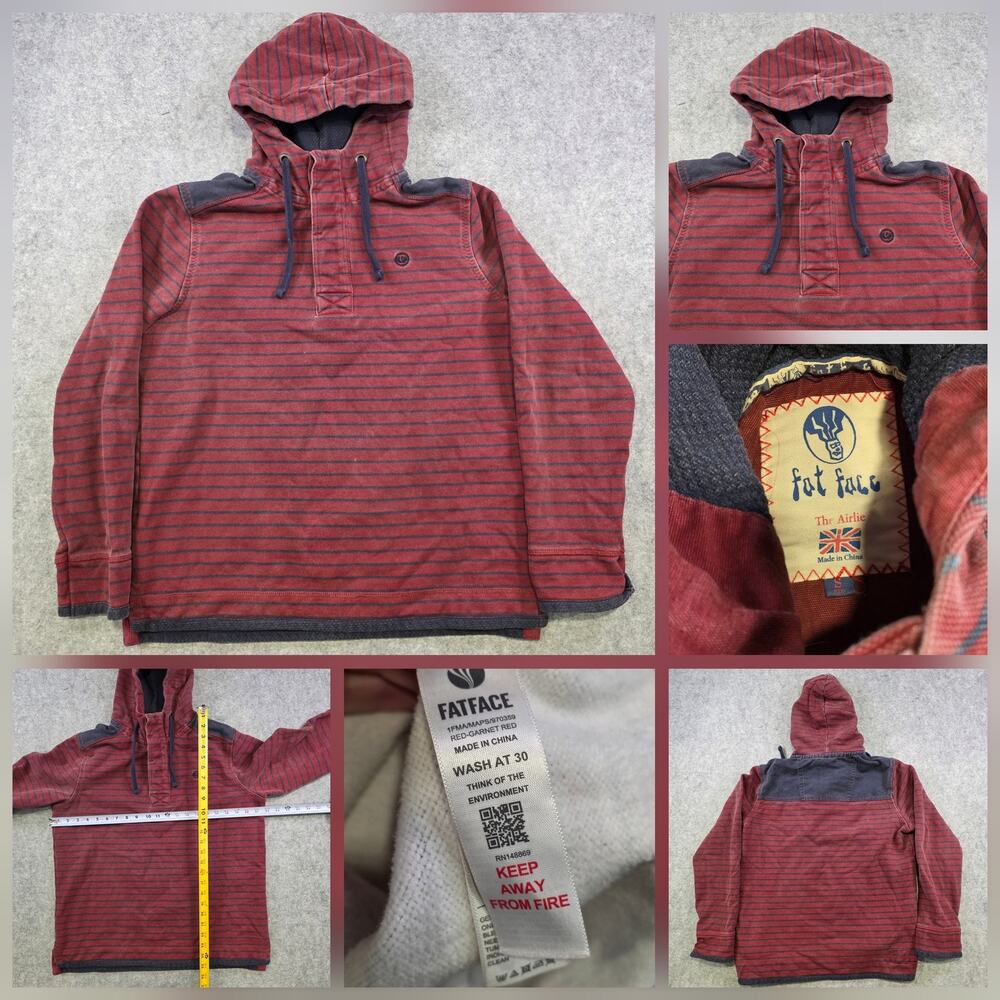Fat Face‎ Hoodie Mens Small Red Garnet Airlie Stripe Pullover Cotton Sweatshirt